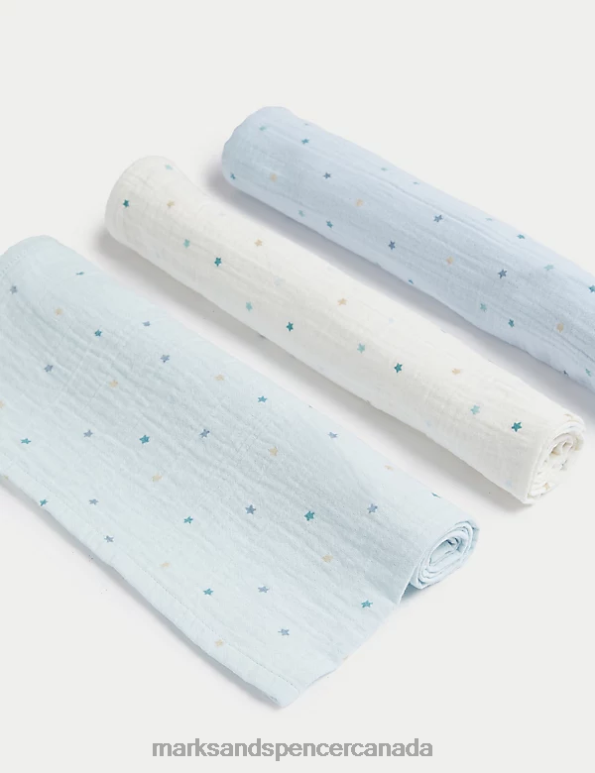 Baby Aqua Mix Clothing Marks & Spencer 3pk Pure Cotton Star Muslin Squares 20VTD7276 - Marks and Spencer Canada locations