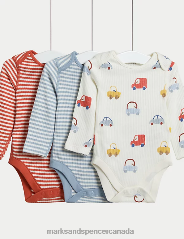 Marks and Spencer near me - Baby Copper Rose Clothing Marks & Spencer 3pk Pure Cotton Striped & Car Bodysuits 20VTD7235