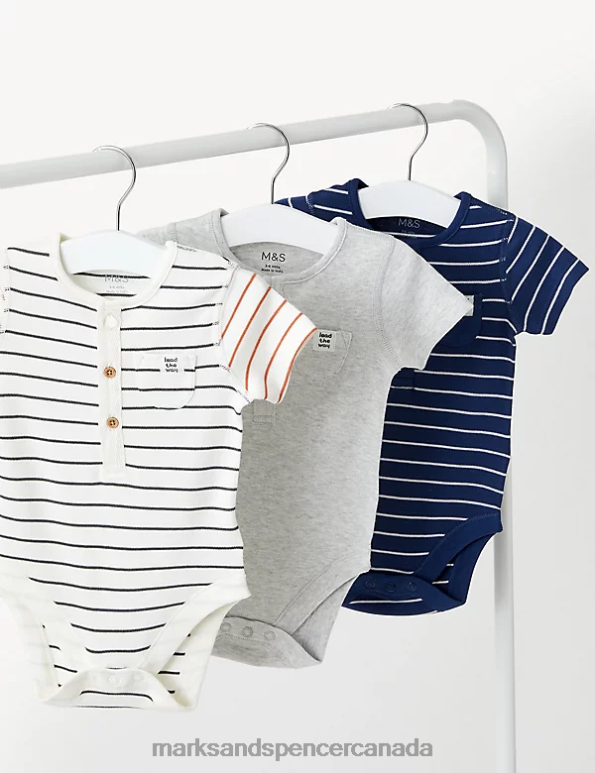 Baby Grey Marl Clothing Marks & Spencer 3pk Pure Cotton Striped & Plain Bodysuits 20VTD7649 - Marks and Spencer online