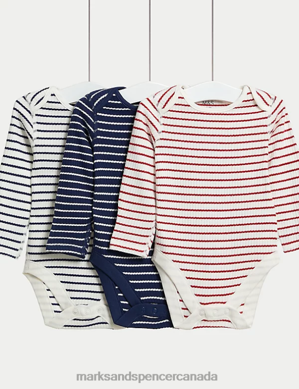 Baby Indigo Mix Clothing Marks & Spencer 3pk Pure Cotton Striped Bodysuits 20VTD7298 - Marks and Spencer outlet