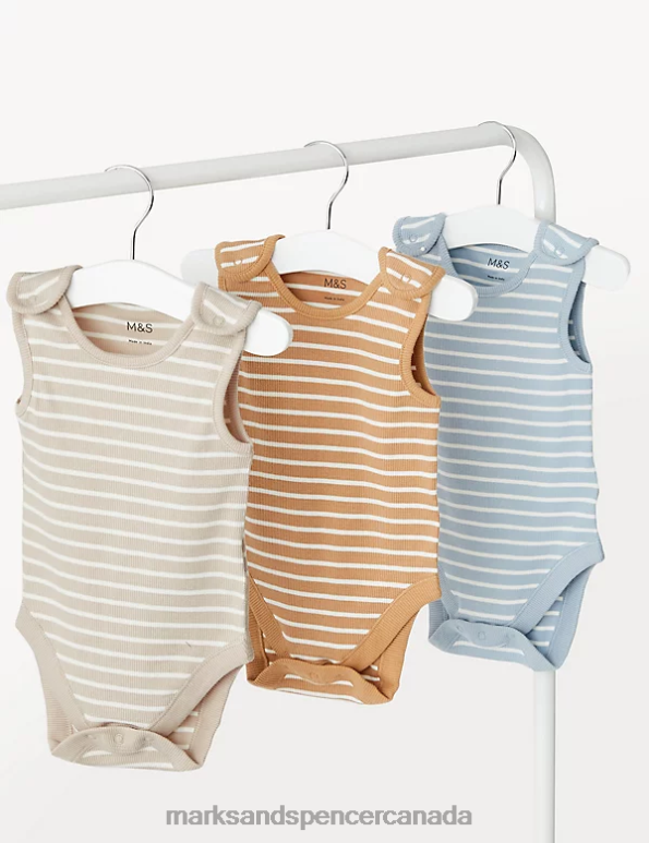 Marks and Spencer Canada - Baby Multi Clothing Marks & Spencer 3pk Cotton Rich Striped Bodysuits 20VTD7483