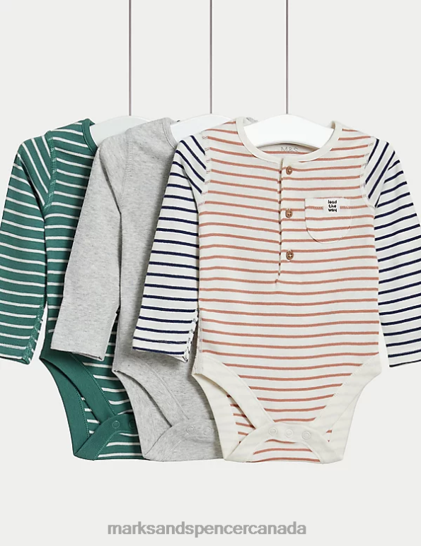 Marks and Spencer near me - Baby Sage Mix Clothing Marks & Spencer 3pk Pure Cotton Stripe Bodysuits 20VTD7456