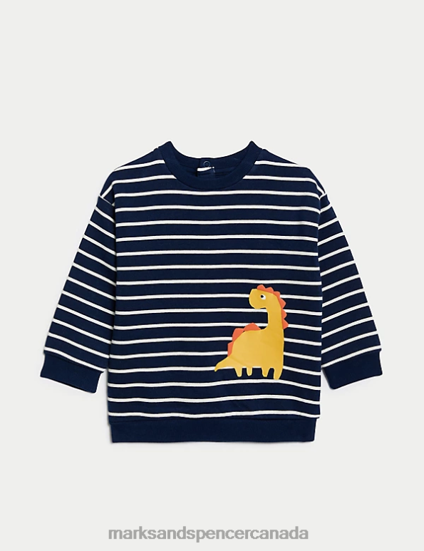 Marks and Spencer Canada - Baby Indigo Mix Clothing Marks & Spencer Cotton Rich Striped Dinosaur Sweatshirt 20VTD7342