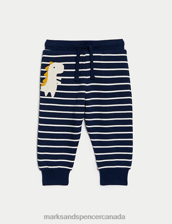 Marks and Spencer Canada - Baby Navy Mix Clothing Marks & Spencer Cotton Rich Striped Dinosaur Joggers 20VTD7252