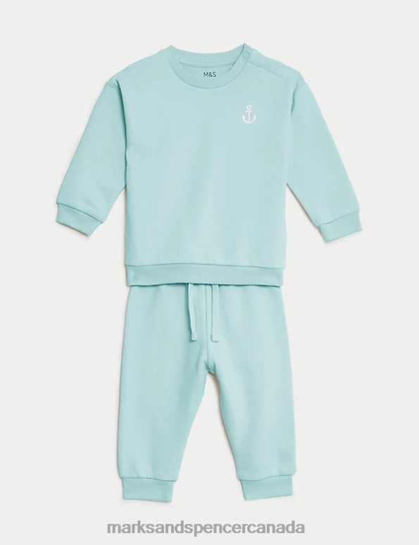 Marks and Spencer near me - Baby Light Teal Clothing Marks & Spencer 2pc Cotton Rich Sweater and Jogger Outfit 20VTD7288