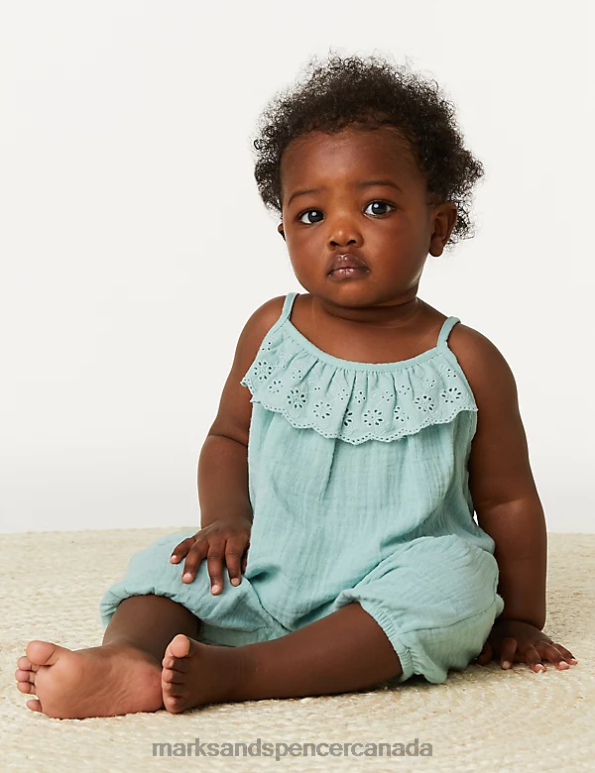 Baby Light Teal Clothing Marks & Spencer Pure Cotton Broderie Romper 20VTD7968 - Marks and Spencer outlet