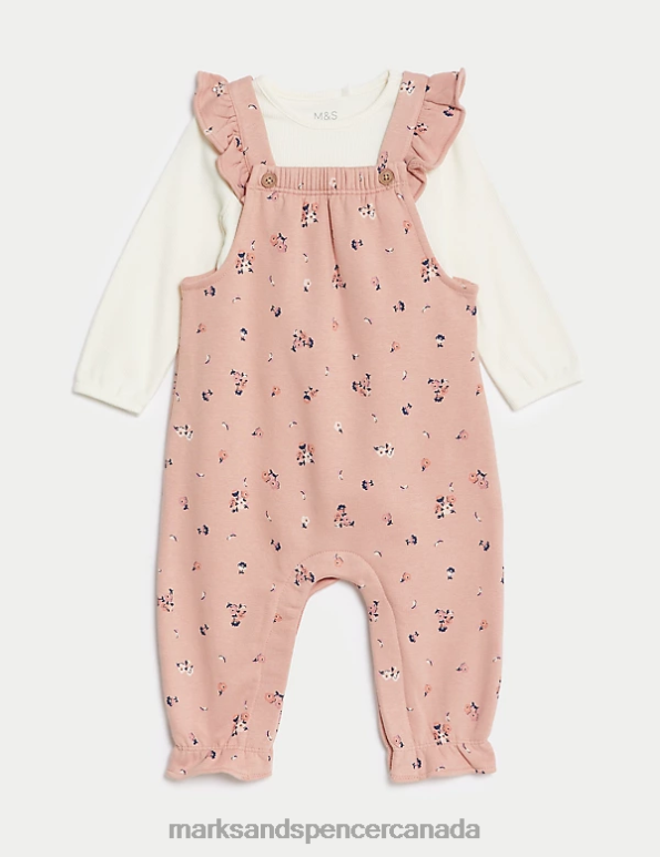 Marks and Spencer near me - Baby Pink Mix Clothing Marks & Spencer 2pc Cotton Rich Floral Dungaree Outfit 20VTD7712