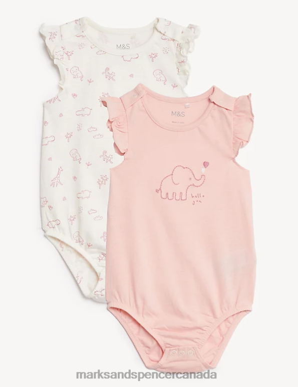 Baby Pink Mix Clothing Marks & Spencer 2pk Pure Cotton Animal Rompers 20VTD7762 - Marks and Spencer online