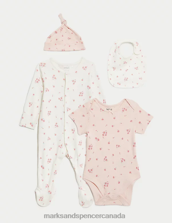 Baby Pink Mix Clothing Marks & Spencer 4pc Pure Cotton Floral Starter Set 20VTD7625 - Marks and Spencer outlet