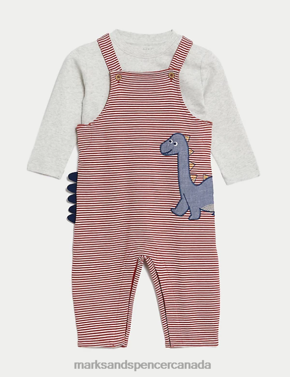 Baby Red Mix Clothing Marks & Spencer 2pc Cotton Rich Striped Dinosaur Outfit 20VTD7374 - Marks and Spencer online