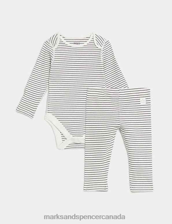 Marks and Spencer Canada - Baby White Mix Clothing Marks & Spencer 2pc Cotton Rich Striped Outfit 20VTD7784