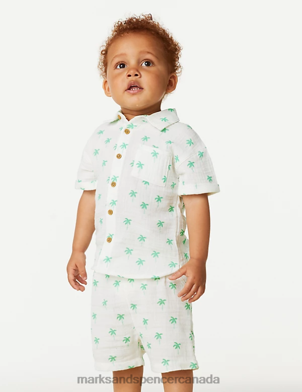 Baby White Mix Clothing Marks & Spencer Pure Cotton Palm Tree Shirt & Shorts Set 20VTD7558 - Marks and Spencer online