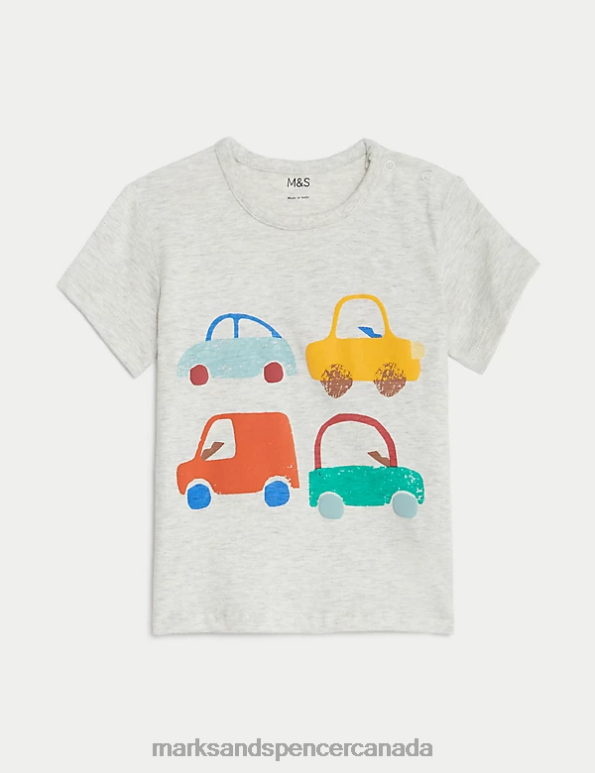 Marks and Spencer near me - Baby Grey Marl Clothing Marks & Spencer Pure Cotton Car Print T-Shirt 20VTD7230