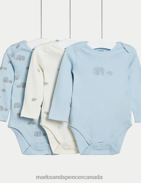 Unisex Ice Blue Clothing Marks & Spencer 3pk Pure Cotton Elephant Print Bodysuits 20VTD7493 - Marks and Spencer Canada locations