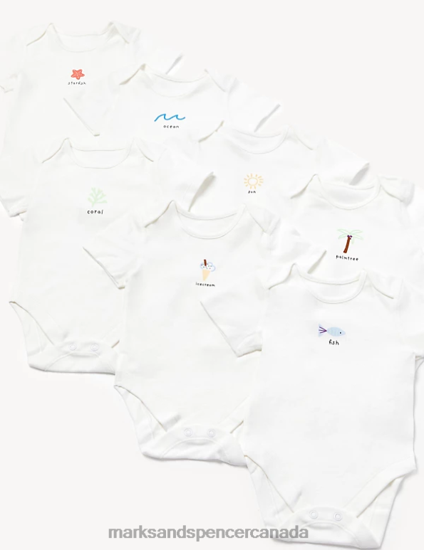 Unisex Ivory Mix Clothing Marks & Spencer 7pk Pure Cotton Printed Bodysuits 20VTD7487 - Marks and Spencer online