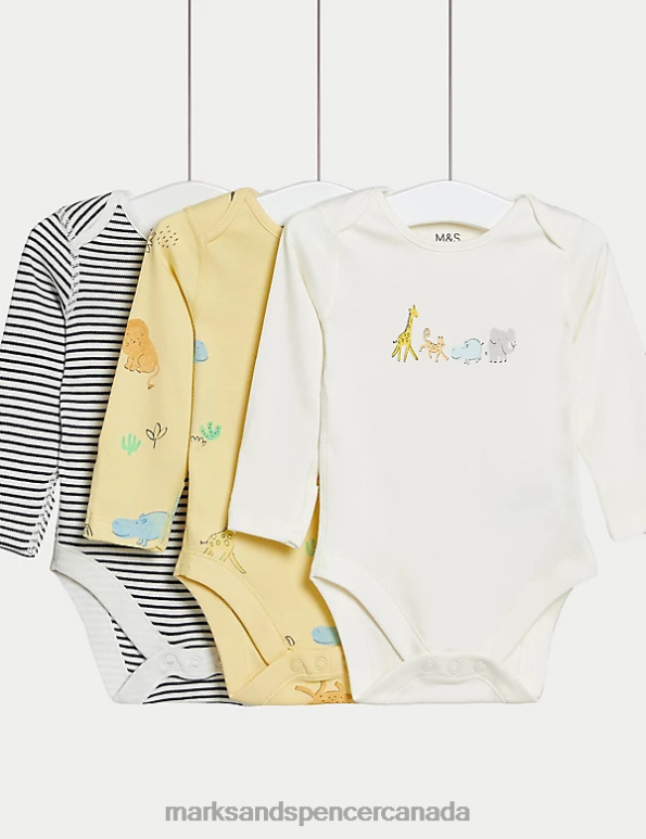 Unisex Yellow Mix Clothing Marks & Spencer 3pk Pure Cotton Safari & Striped Bodysuits 20VTD7795 - Marks and Spencer Canada locations