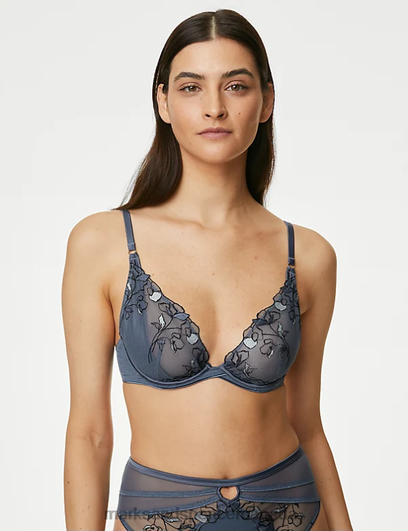 Marks and Spencer Canada - Unisex Air Force Blue Clothing Marks & Spencer Iris Embroidery Wired Plunge Bra 20VTD3698