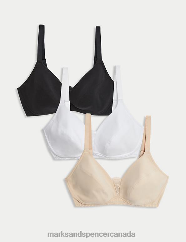 Unisex Black Mix Clothing Marks & Spencer 3pk Cotton & Lace Non Wired Full Cup Bras 20VTD3933 - Marks and Spencer outlet