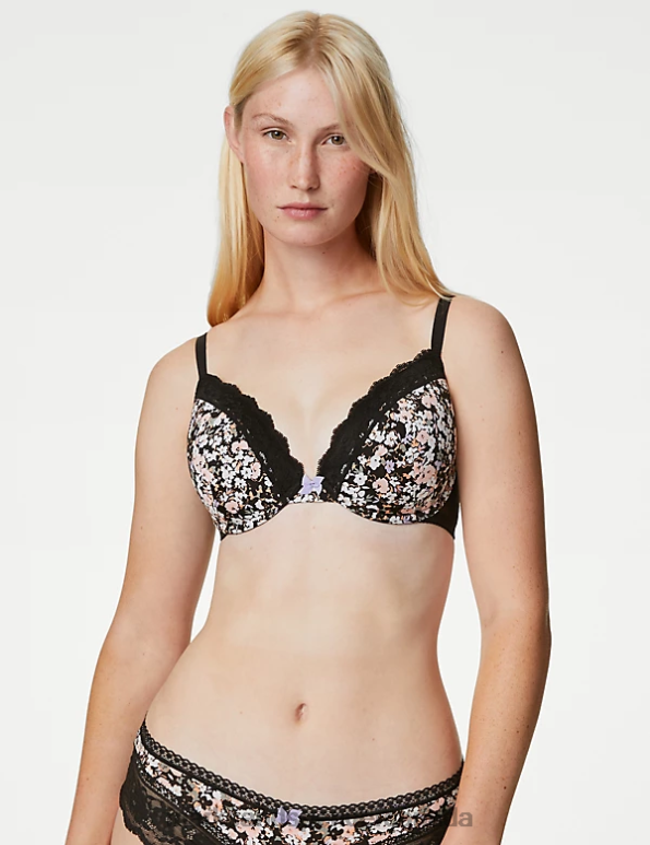 Unisex Black Mix Clothing Marks & Spencer Printed Lace Trim Wired Plunge Bra 20VTD4531 - Marks and Spencer Canada locations