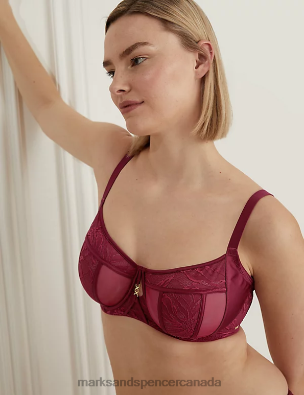 Marks and Spencer Canada - Unisex Claret Clothing Marks & Spencer Lexington Lace & Mesh Wired Minimiser Bra 20VTD3716