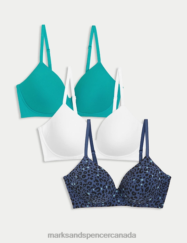 Unisex Dark Blue Mix Clothing Marks & Spencer 3pk Cotton Non Wired Full Cup T-Shirt Bra 20VTD4520 - Marks and Spencer Canada locations