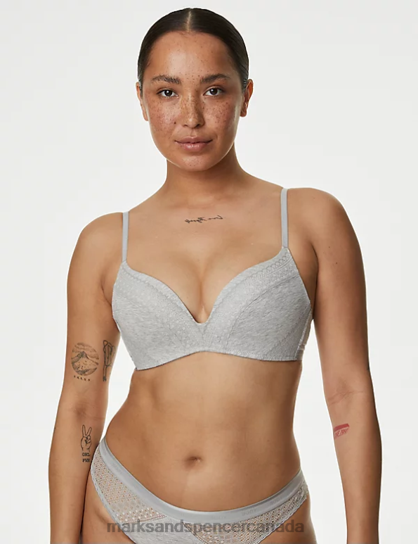 Unisex Grey Marl Clothing Marks & Spencer Cotton with Cool Comfort Non-Wired Push Up Bra 20VTD4026 - Marks and Spencer online