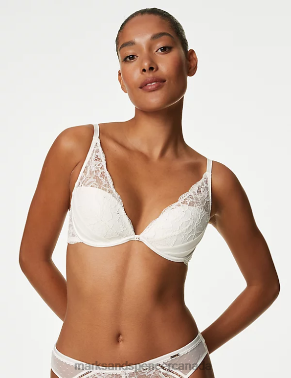 Unisex Ivory Clothing Marks & Spencer Aster Sparkle Lace Wired Plunge Bra 20VTD3836 - Marks and Spencer outlet