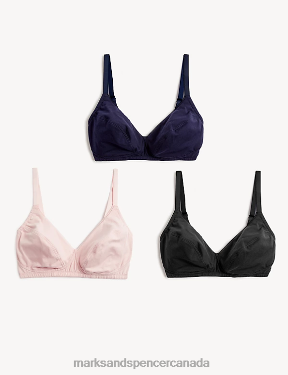 Unisex Navy Mix Clothing Marks & Spencer 3pk Cotton Non Wired Full Cup Bras 20VTD3918 - Marks and Spencer outlet