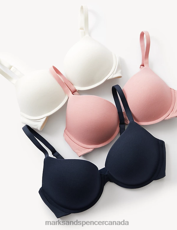 Unisex Navy Mix Clothing Marks & Spencer 3pk Cotton Wired Push-Up Bras 20VTD3741 - Marks and Spencer Canada locations