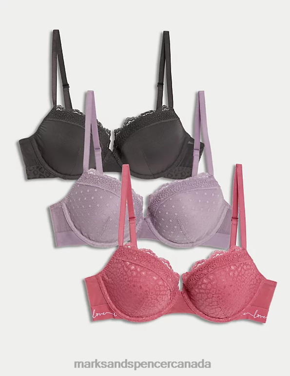 Unisex Raspberry Mix Clothing Marks & Spencer 3pk Lace & Mesh Wired Balcony Bras 20VTD4395 - Marks and Spencer outlet