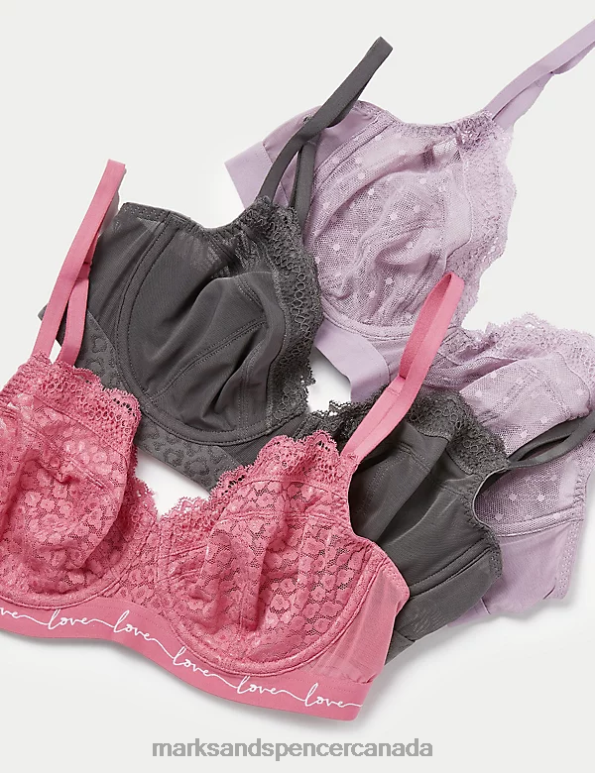 Marks and Spencer Canada - Unisex Raspberry Mix Clothing Marks & Spencer 3pk Lace & Mesh Wired Balcony Bras 20VTD4710