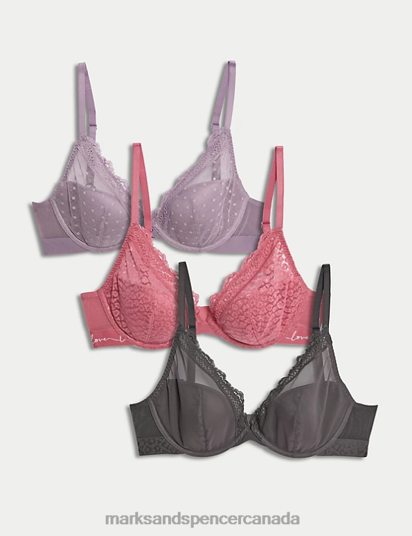 Unisex Raspberry Mix Clothing Marks & Spencer 3pk Lace Trim Wired Plunge Bras 20VTD4653 - Marks and Spencer Canada locations