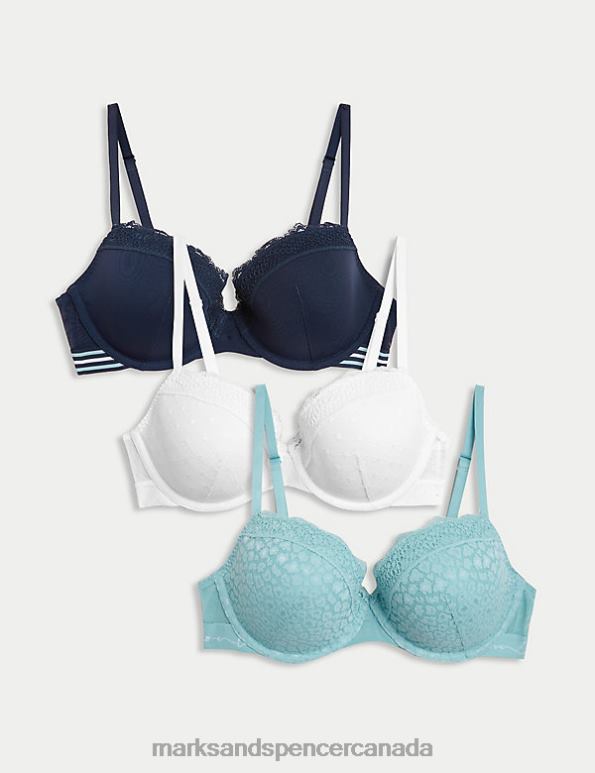 Marks and Spencer sale - Unisex Turquoise Mix Clothing Marks & Spencer 3pk Lace & Mesh Wired Balcony Bras 20VTD3948