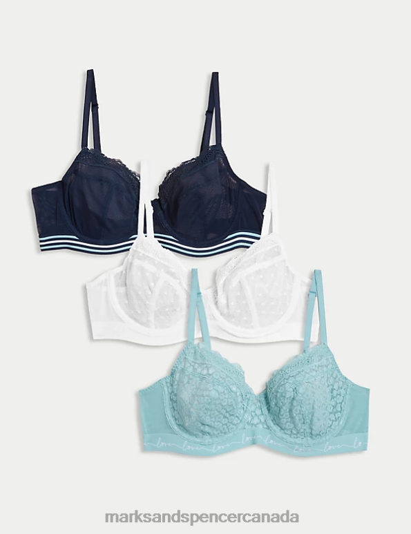 Marks and Spencer Canada - Unisex Turquoise Mix Clothing Marks & Spencer 3pk Lace & Mesh Wired Balcony Bras 20VTD4335