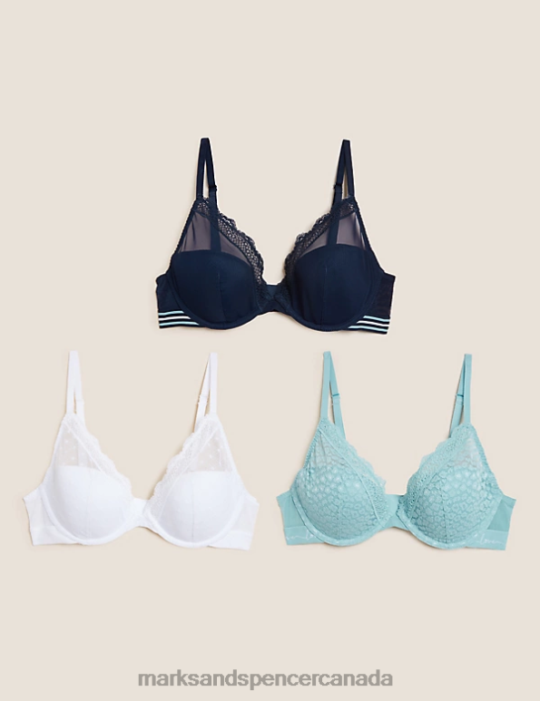 Marks and Spencer near me - Unisex Turquoise Mix Clothing Marks & Spencer 3pk Lace Trim Wired Plunge Bras 20VTD4261