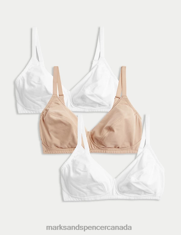 Unisex White Mix Clothing Marks & Spencer 3pk Cotton Non Wired Full Cup Bras 20VTD3681 - Marks and Spencer outlet