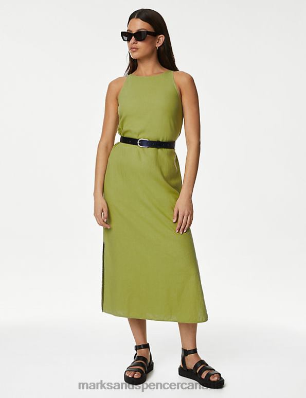 Marks and Spencer Canada - Unisex Medium Green Clothing Marks & Spencer Linen Rich High Neck Midi Slip Dress 20VTD1126