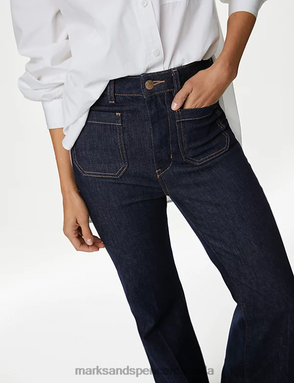 Unisex Indigo Mix Clothing Marks & Spencer Patch Pocket Flare High Waisted Jeans 20VTD197 - Marks and Spencer Canada locations