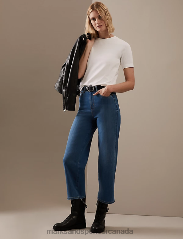 Unisex Medium Indigo Clothing Marks & Spencer High Waisted Wide Leg Cropped Jeans 20VTD2469 - Marks and Spencer Canada locations