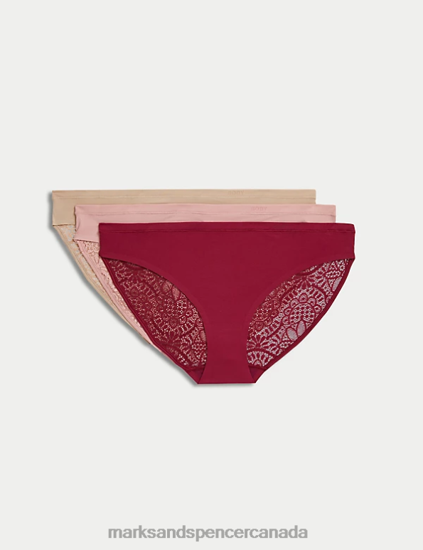 Unisex Dark Raspberry Clothing Marks & Spencer 3pk Body Soft Lace Bikini Knickers 20VTD4161 - Marks and Spencer outlet