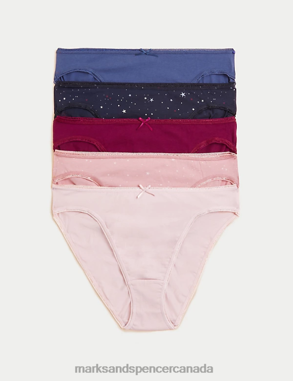 Marks and Spencer sale - Unisex Dark Red Mix Clothing Marks & Spencer 5pk Cotton Lycra Daisy Print High Leg Knickers 20VTD3835