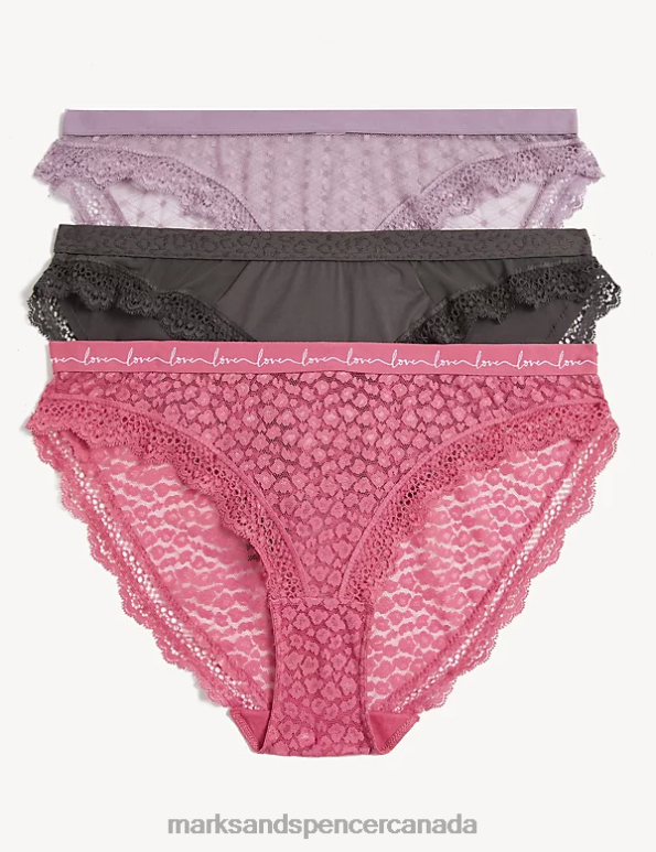 Unisex Raspberry Mix Clothing Marks & Spencer 3pk Lace & Mesh Bikini Knickers 20VTD4346 - Marks and Spencer Canada locations