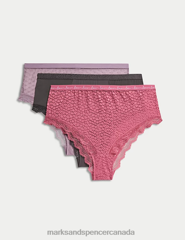 Unisex Raspberry Mix Clothing Marks & Spencer 3pk Lace & Mesh High Waisted Brazilian Knickers 20VTD4678 - Marks and Spencer online