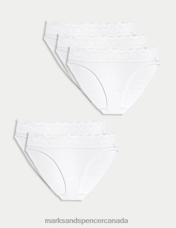 Unisex White Clothing Marks & Spencer 5pk Cotton Lycra & Lace Knickers 20VTD3766 - Marks and Spencer outlet