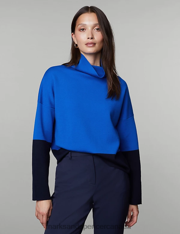 Marks and Spencer near me - Unisex Blue Mix Clothing Marks & Spencer Merino Wool Rich Colour Block Jumper 20VTD1121