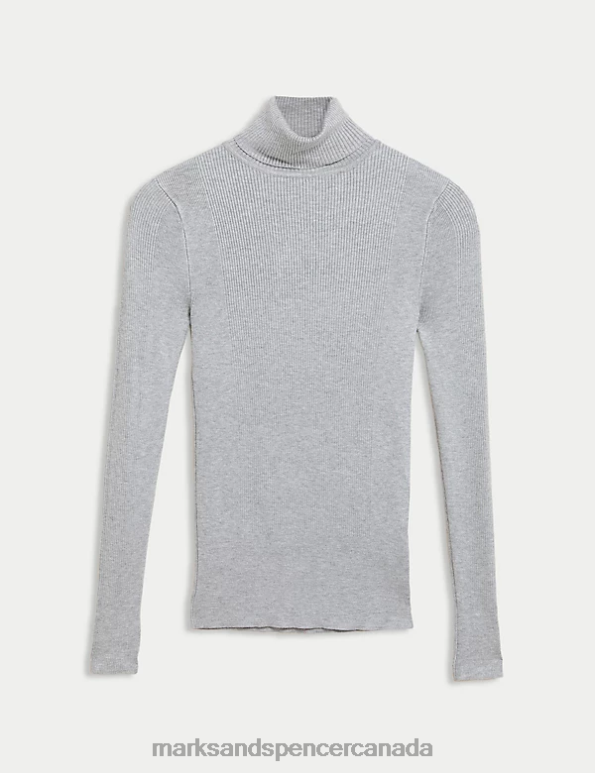 Unisex Grey Marl Clothing Marks & Spencer Ribbed Roll Neck Fitted Jumper 20VTD3282 - Marks and Spencer online