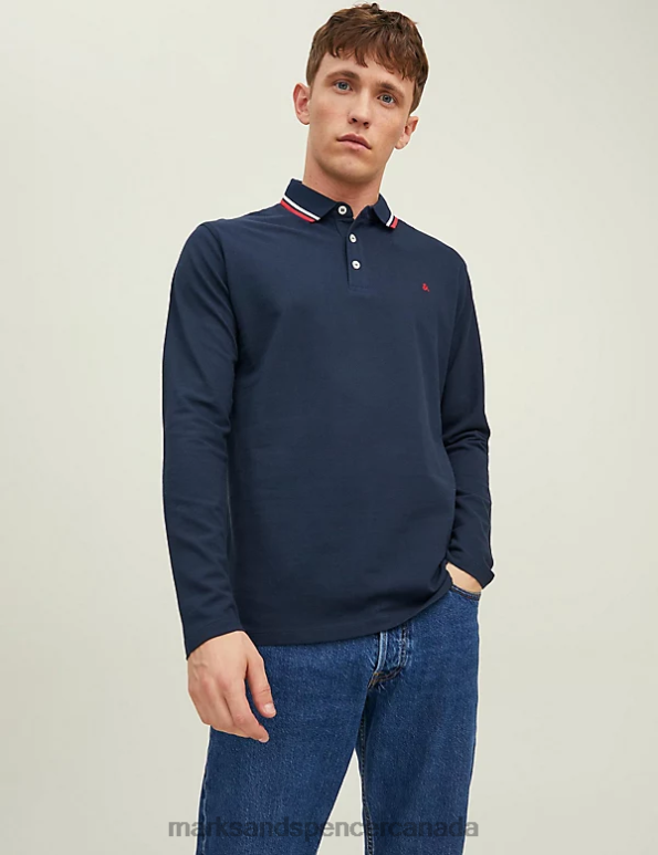 Marks and Spencer Canada - Unisex Navy Mix Clothing Marks & Spencer Pure Cotton Long Sleeve Polo Shirt 20VTD7035