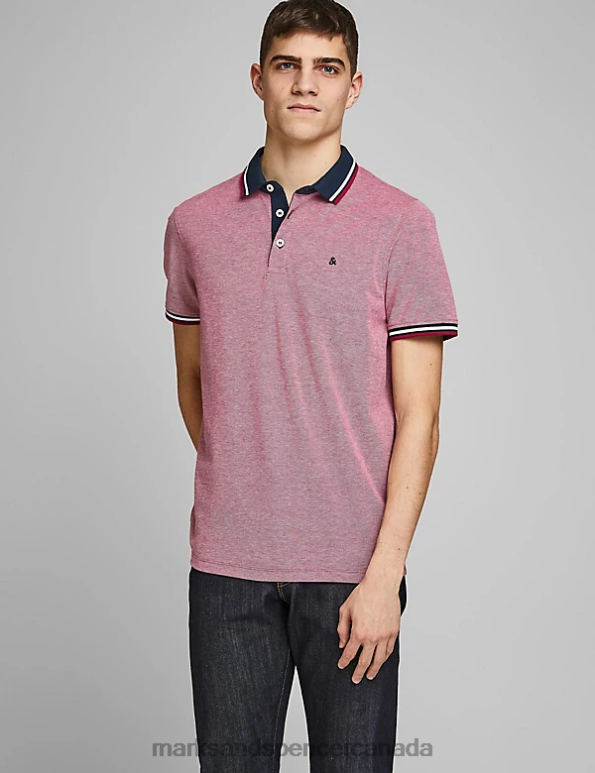 Marks and Spencer Canada - Unisex Red Clothing Marks & Spencer Slim Fit Pure Cotton Tipped Polo Shirt 20VTD5231