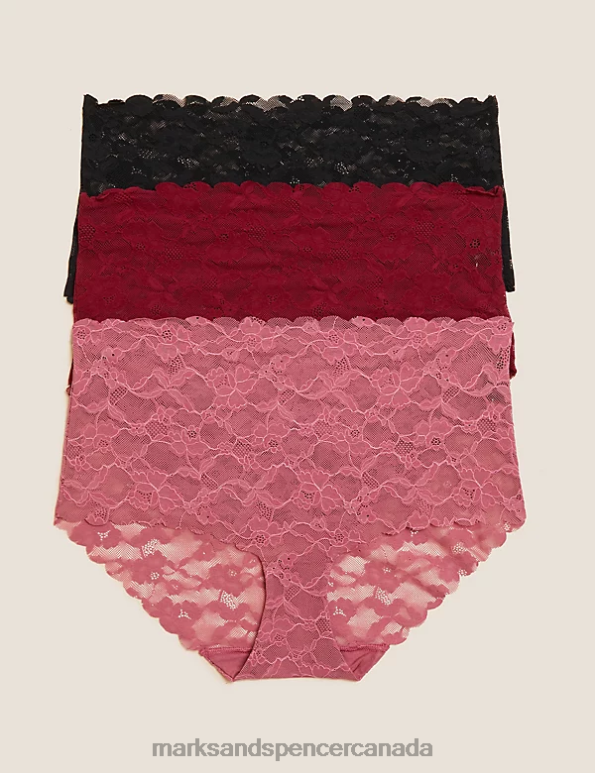 Marks and Spencer Canada - Unisex Dark Raspberry Clothing Marks & Spencer 3pk Freecut Lace High Rise Knicker Shorts 20VTD3722