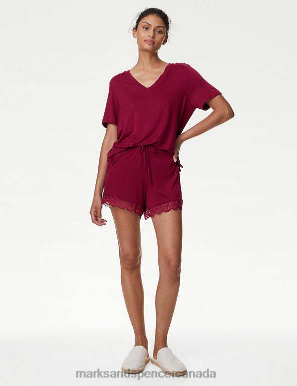 Marks and Spencer near me - Unisex Dark Raspberry Clothing Marks & Spencer Body Soft Lace Trim Pyjama Shorts 20VTD3691